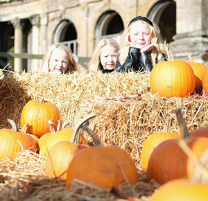 Image shows some children leaning on hay bales, with a selection of pumpkins dotted around them